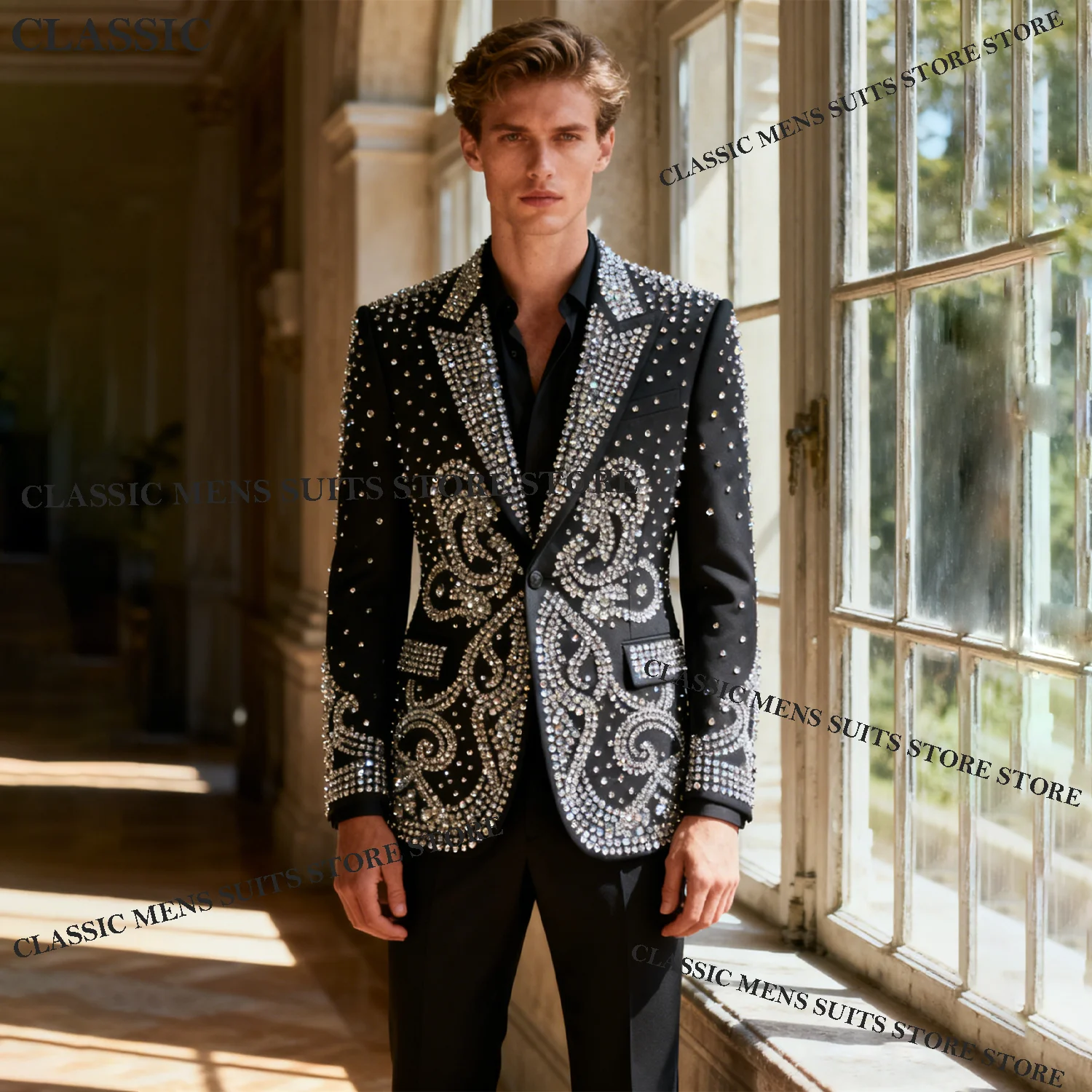 

Coat Style Men Customized Suit 2 Piece Sets Luxury Groom Male Blazers Rhinestone Beaded Peaked Lapel Ropa hombre Wedding Tuxedos