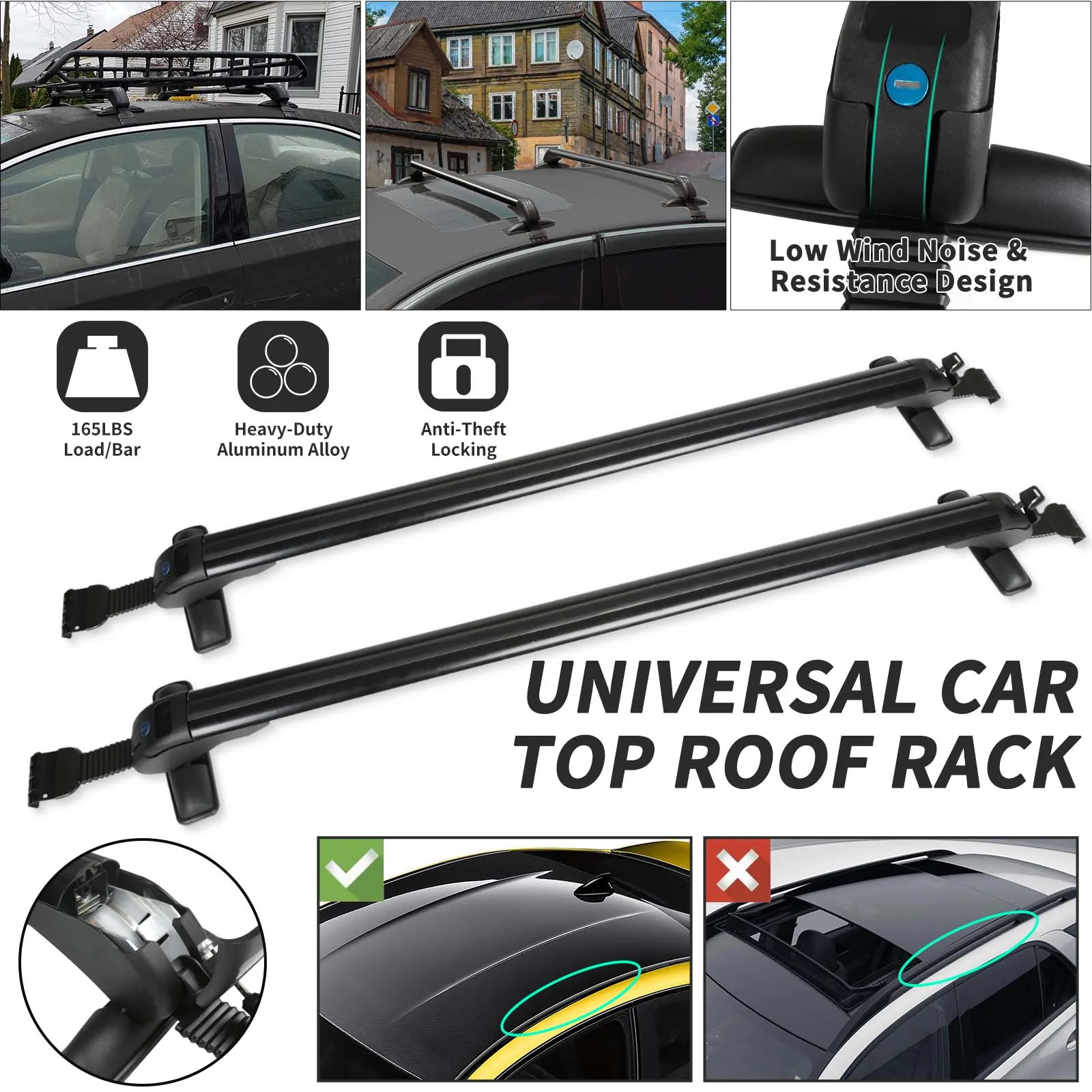 1 Pair Universal Vehicle Car Roof Mounting Rack Rail Bar Black Aluminum Luggage Carrier with Lock Top Car Rack