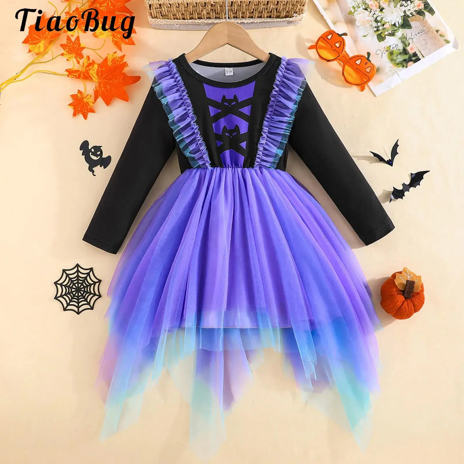 

Purple Halloween Princess Dress Kids Girls Witch Cat Cosplay Long Sleeve Mesh Ruffled Dress Theme Party Fancy Dress Up Costume
