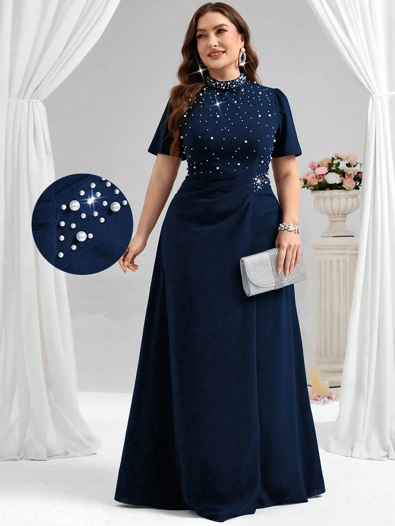 

Plus Size Navy Blue Beaded High Neck Formal Evening Gown with Short Sleeves and A-Line Skirt