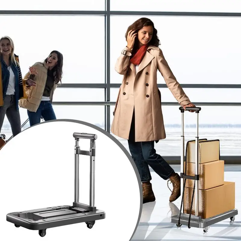 Folding Luggage Cart Compact Trolley Hand Truck 4 Wheels Hand Truck With Adjustable Handle Multifunctional Utility Cart For