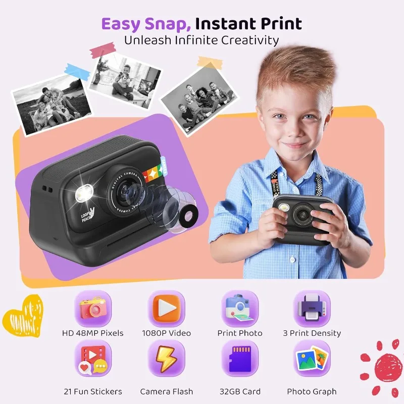 Instant Print Camera voor kinderen, verjaardagscadeaus voor meisjes en jongens van 3-12 jaar - 1080P videocamera voor kinderen, cadeaus voor vakanties