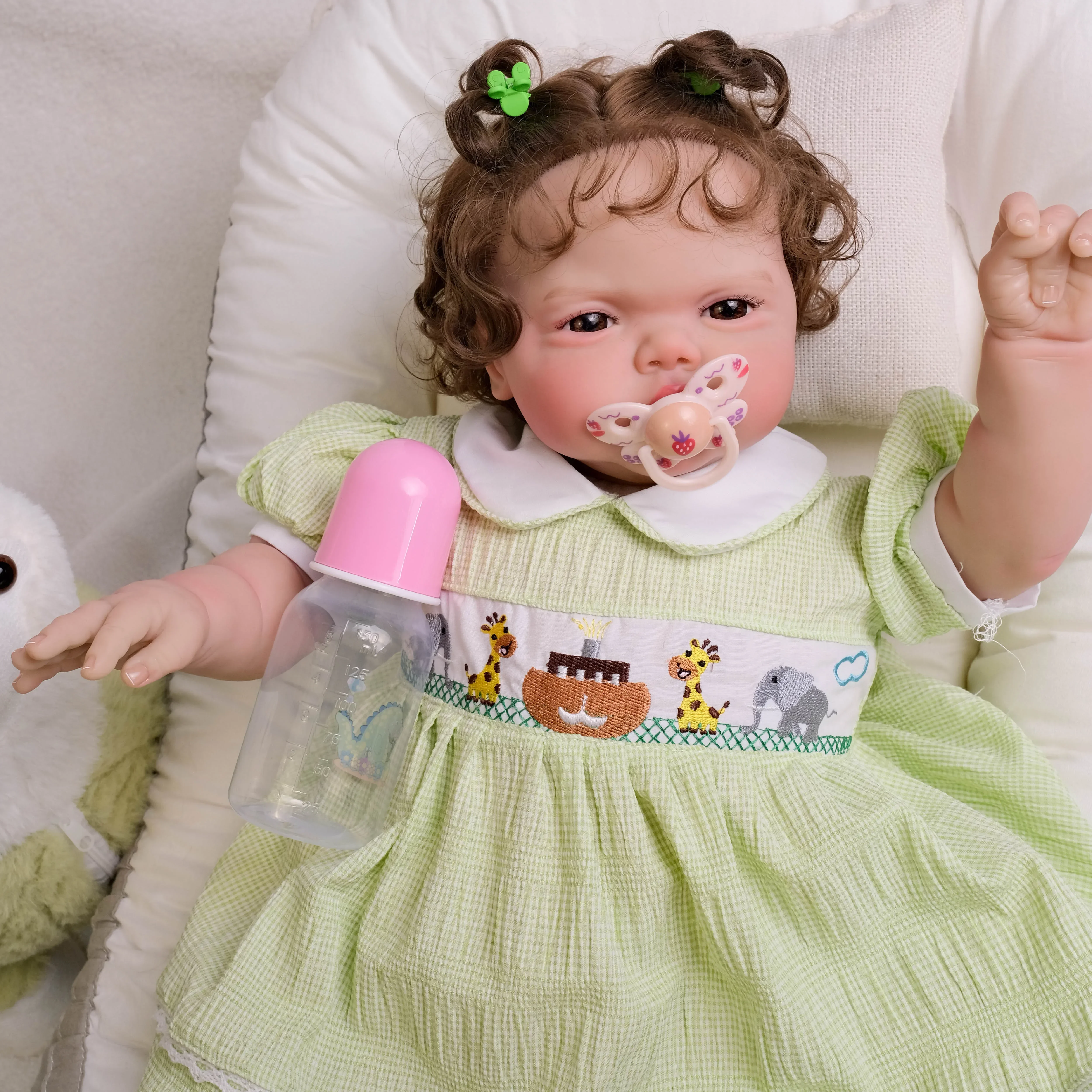 NPK 24Inch Pickle Girl Awake in Soft Cloth Body Lifelike Reborn Toddler Hand Rooted Curly Brown Hair Cuddly Baby Doll Baby