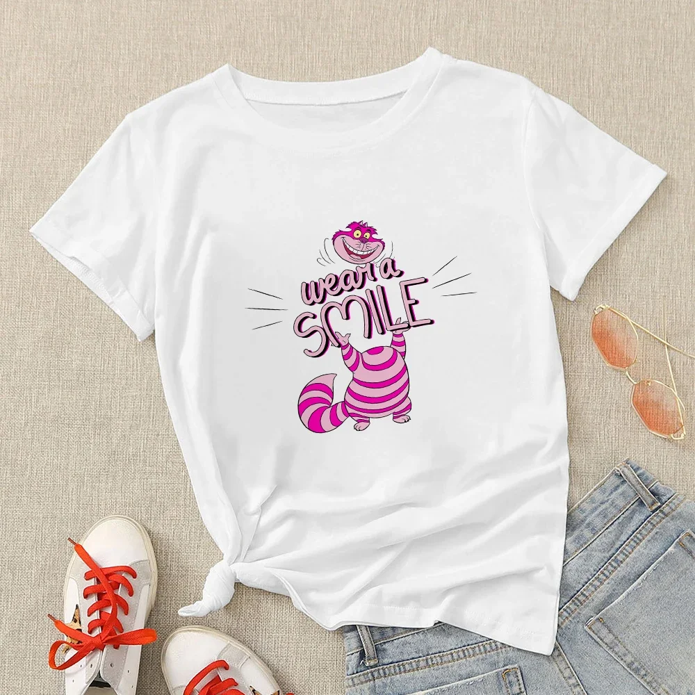 2023 New T-shirt for Women Disney Funny Cheshire Cat T Shirt Alice in Wonderland Tshirt Europe Trend Cute Girls Y2k Clothes Tops