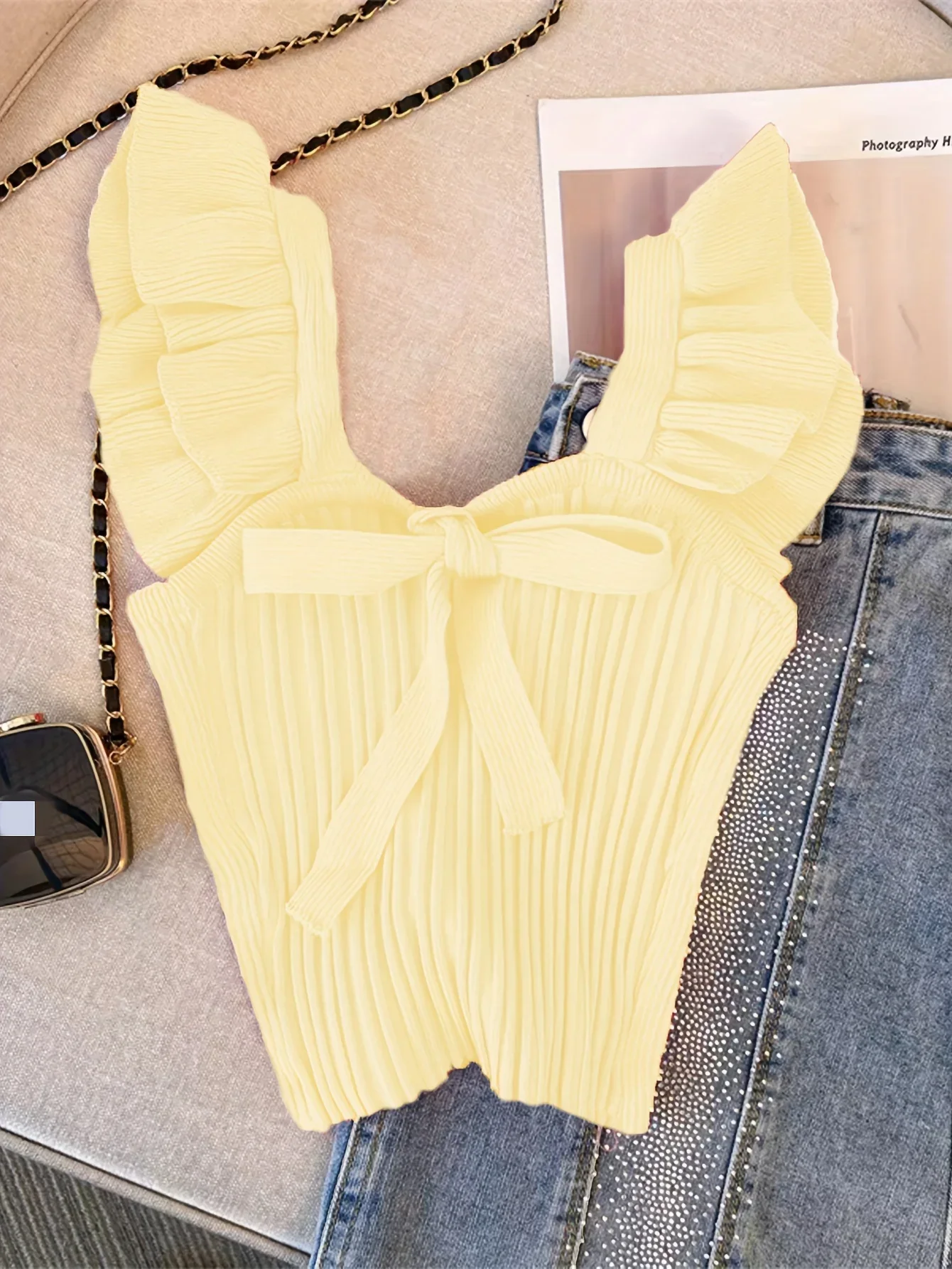 2024 Solid Color Tie Front Knitted Crop Top Chic Flutter Sleeve Slim Backless Top For Summer Women\'s Clothing  y2k top