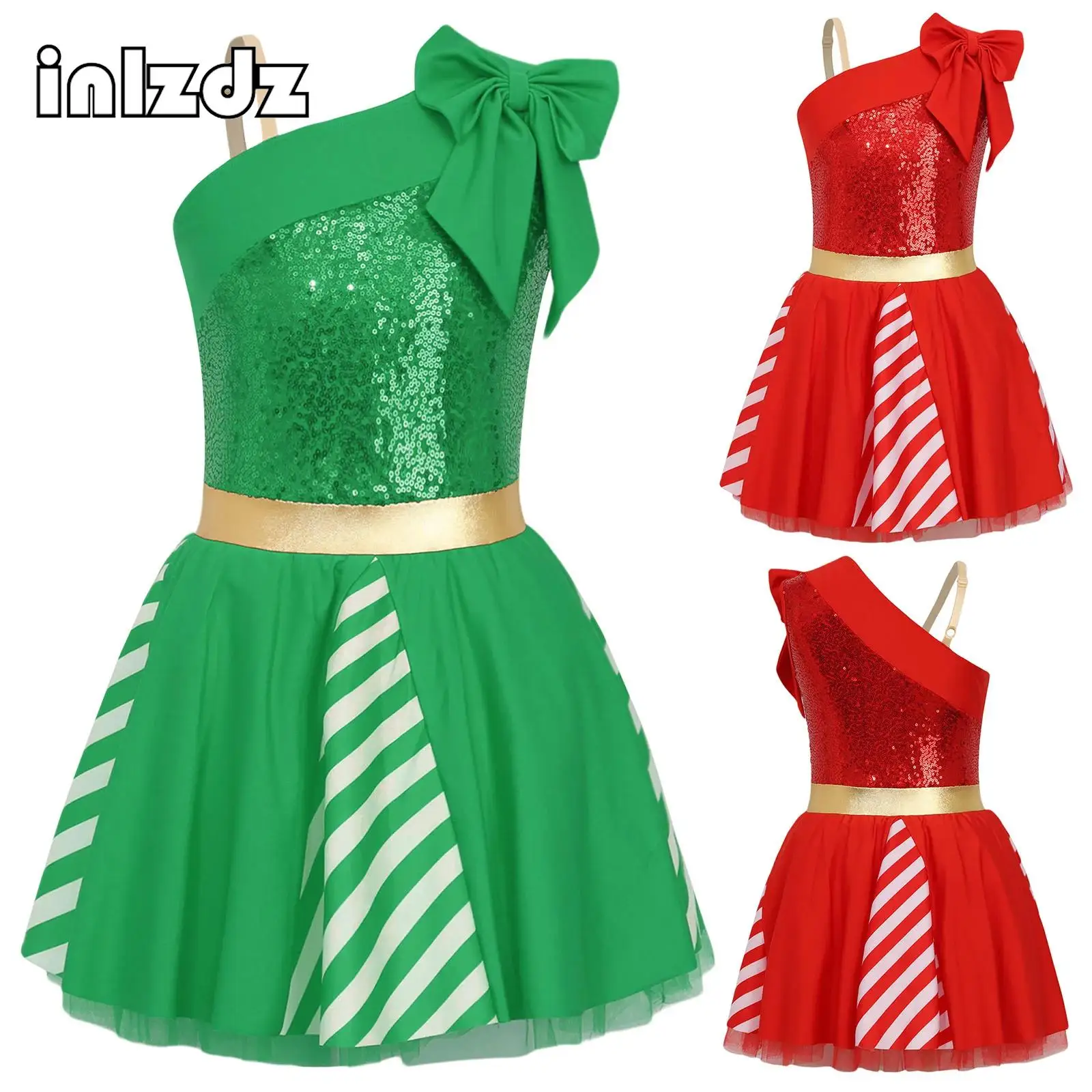 

Kids Girls Christmas Elf Costume Sequin Stripes Xmas Ballet Dance Dress Gymnastics Leotard Candy Cane Santa Cosplay Costume