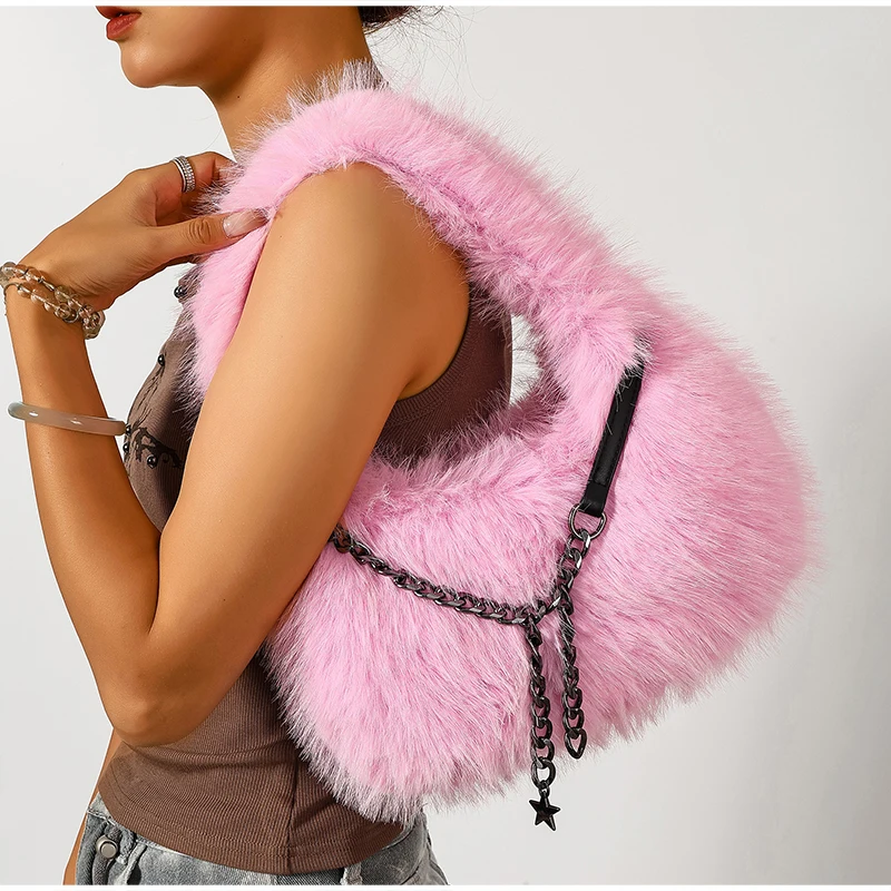 Weiche, glatte, flauschige Plüsch-Umhängetasche, Winter-Handtasche in Uni-Farbe, Metallketten-Tragetasche, lässige, individuelle Unterarmtasche – Detail 14