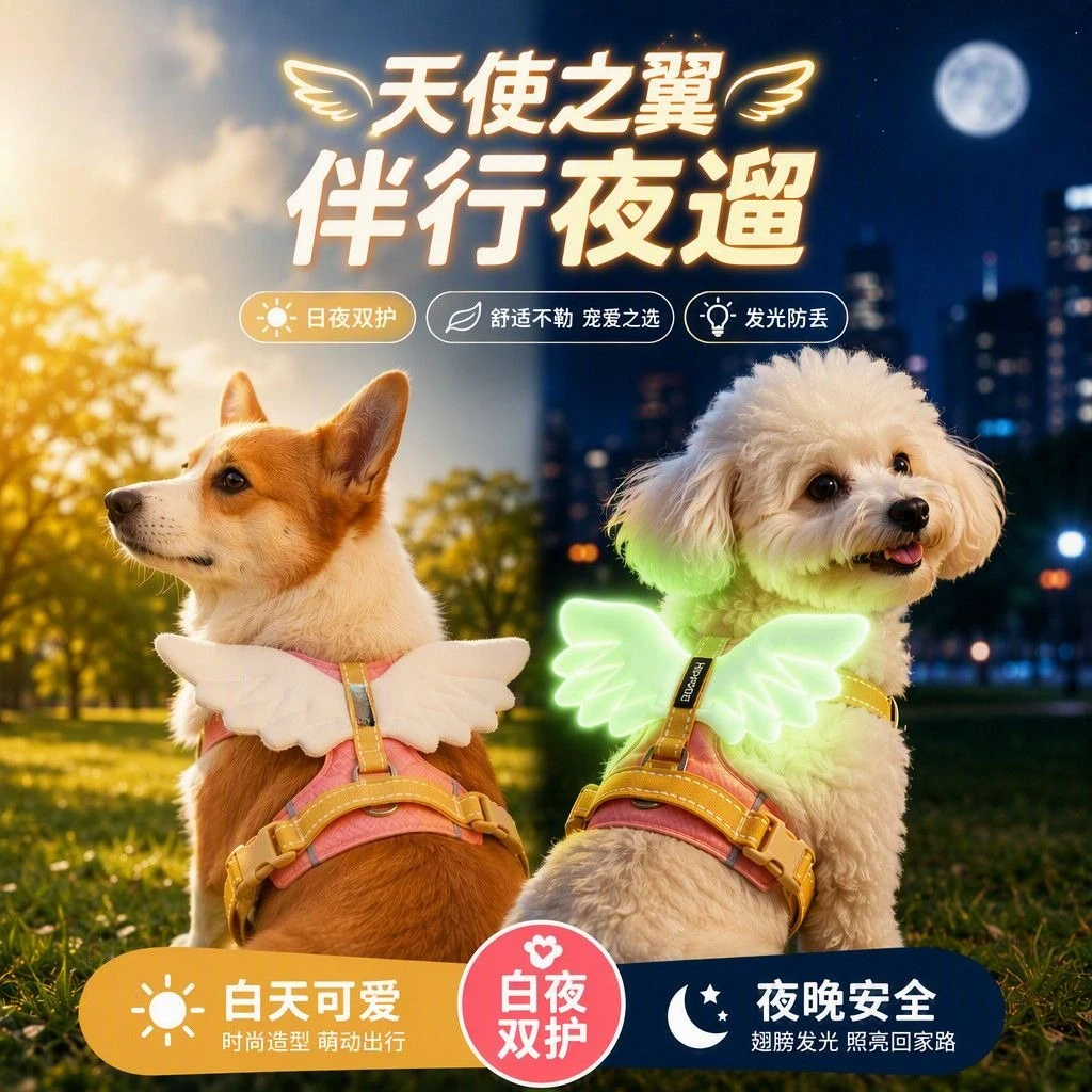 Dog chest strap, luminous wings, light and breathable, night anti-lost leash, small and medium-sized dog corgi fight, explosion-