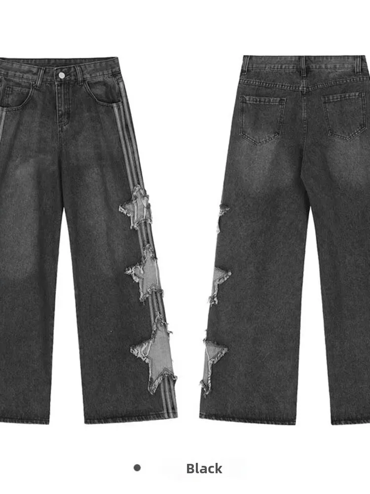 

American High Street Men's Summer Casual Dad Jeans Loose Straight Leg Denim Pants Tee Bars Star Patch Waed mid Waist Zipper