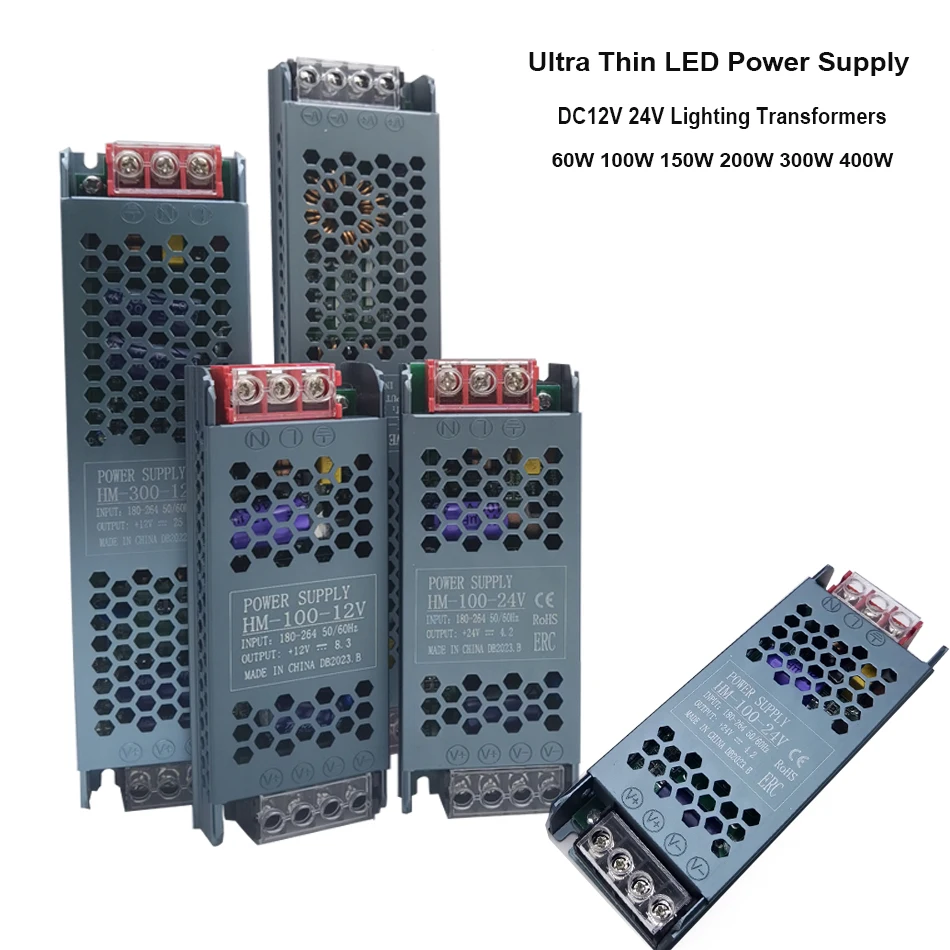 DC12V 24V Ultra Thin LED Power Supply Lighting Transformers 60W 100W 200W 300W 400W AC110V-220V Driver For LED Strip Lights