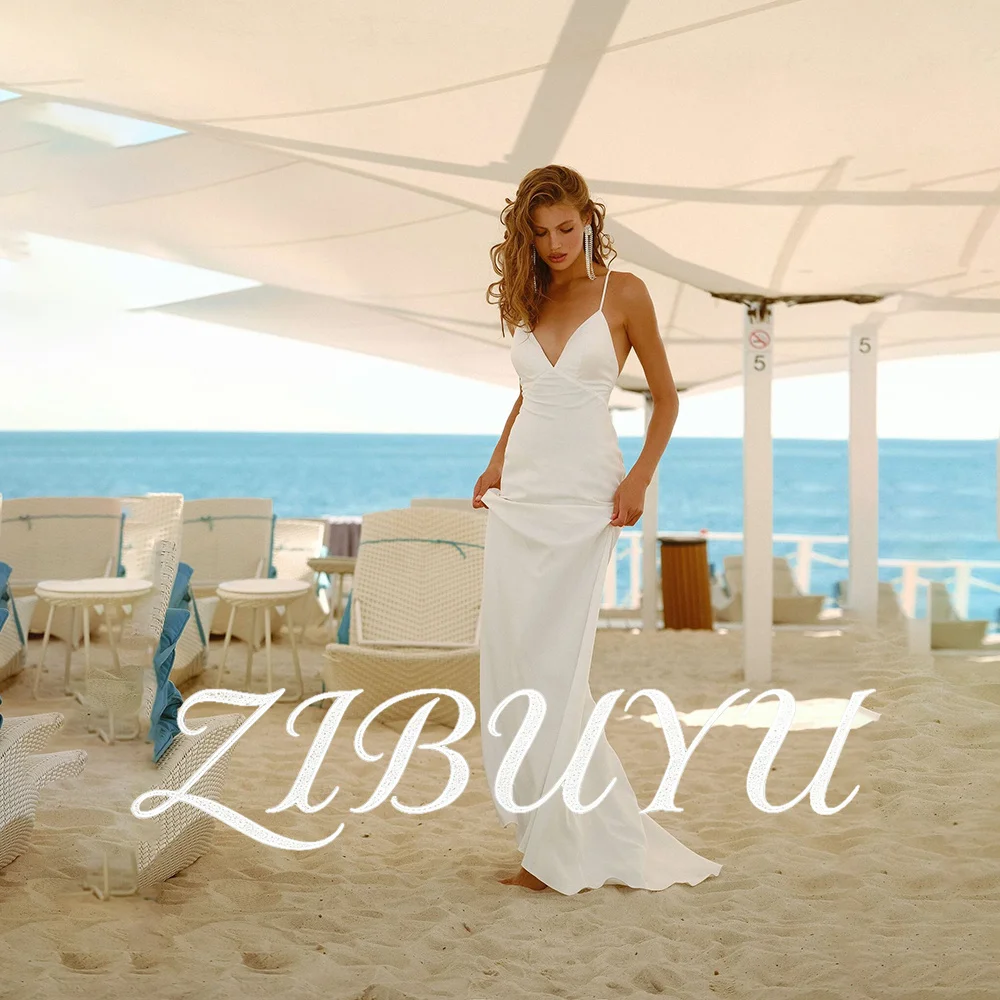 ZIBUYU Customized Boho Beach Wedding Dress Spaghetti Straps Deep V Neckline Ruched Waist Open Back Chiffon A-Line Bridal Gowns