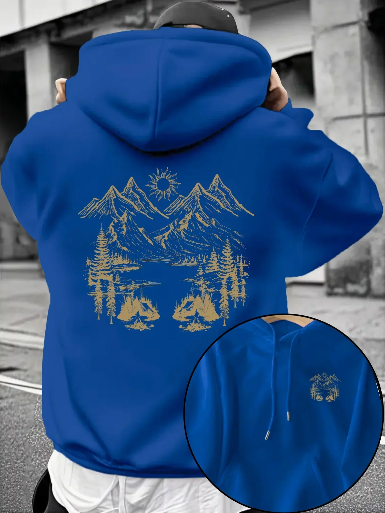 Men Hooded Sweatshirt Mountain Forest Outdoor Wilderness Landscape Theme Oversized Vintage Streetwear Fleece Tops Autumn Winter
