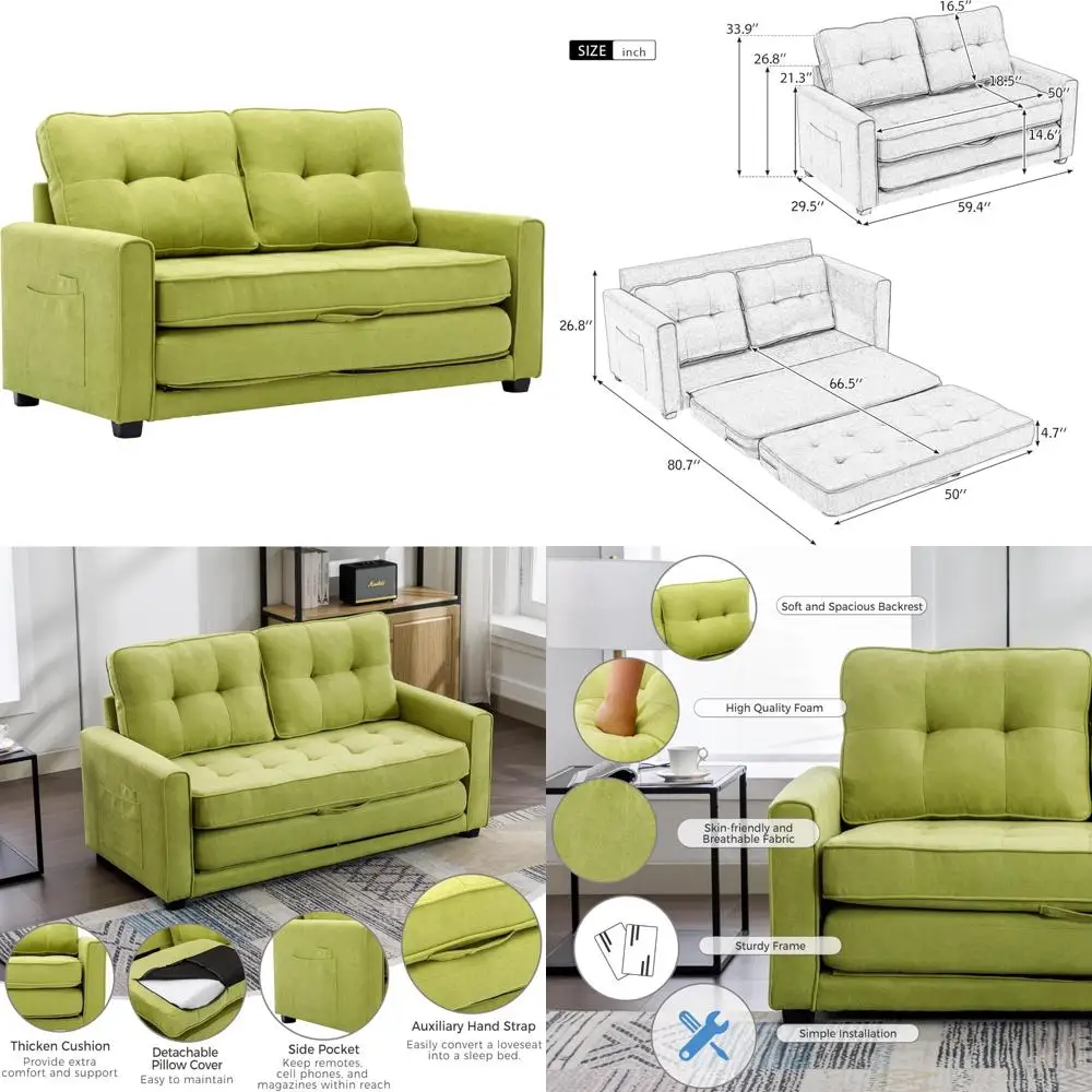 거실과 사무실을 위한 풀아웃 기능과 사이드 포켓이 있는 현대적인 덮개를 씌운 소파 베드, 녹색, 컨템포에 이상적