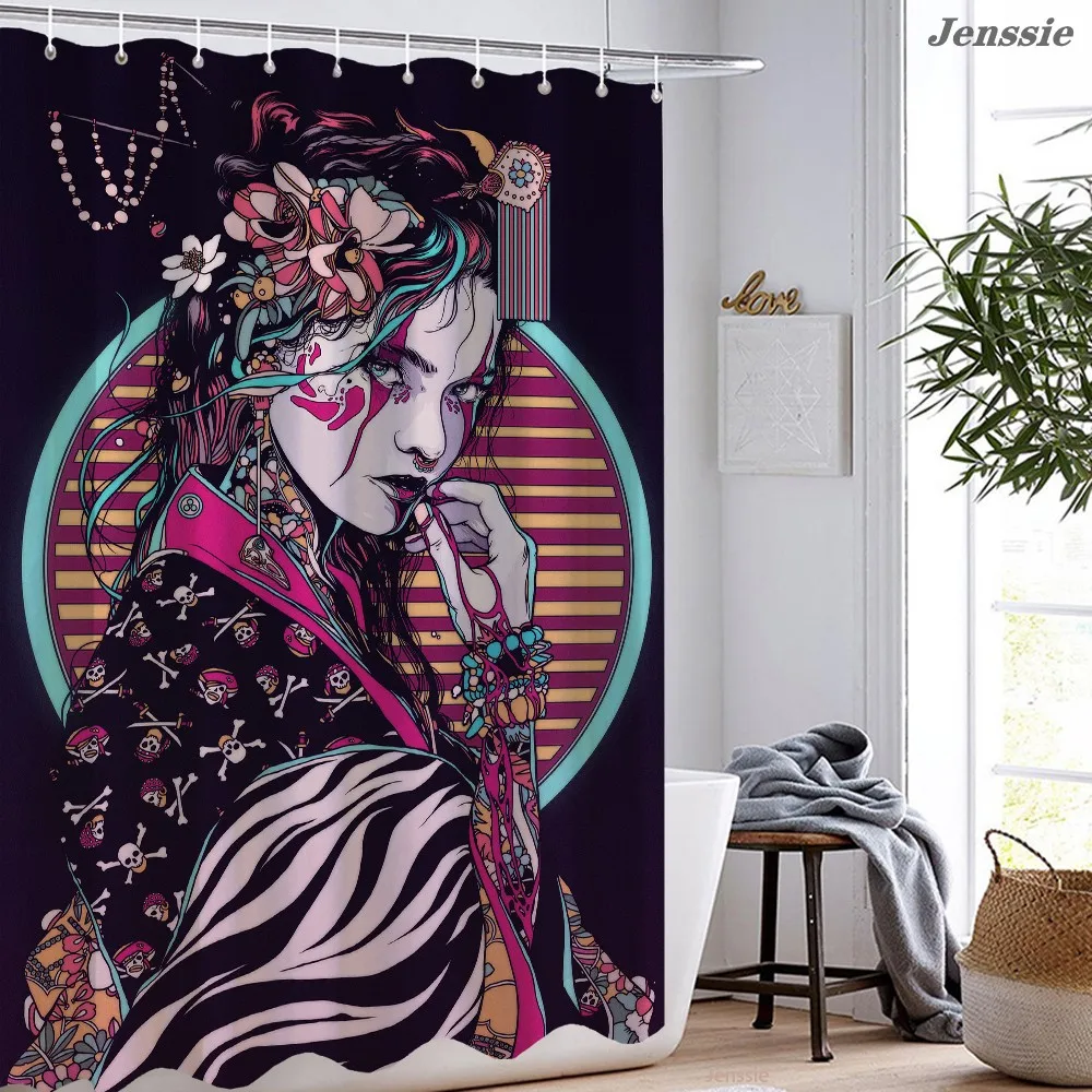 Japanese geisha samurai knife  waterproof mildew proof shower curtain with hook   decoration