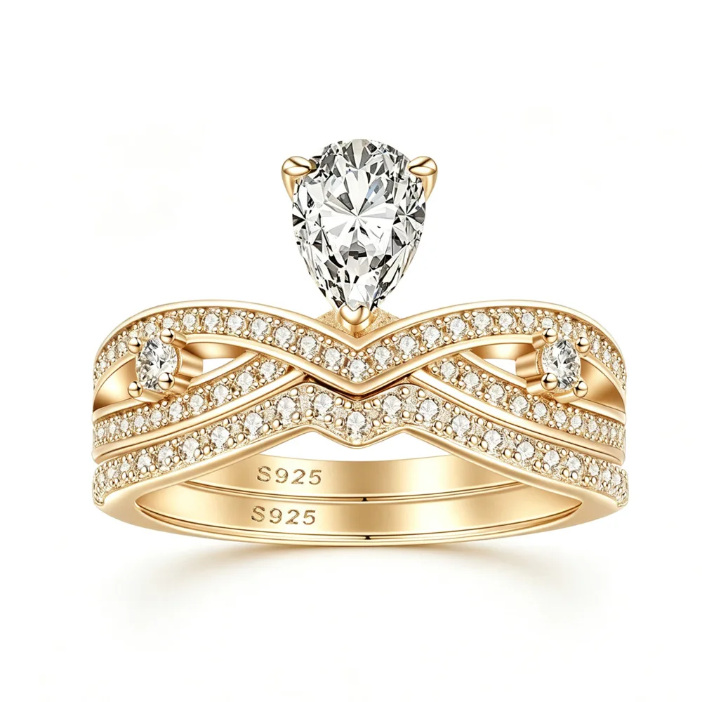 S925 Silver Pear Cut Cubic Zirconia Two Piece Twisted V Band Ring Set Romantic Stackable Engagement Fine Jewelry For Women