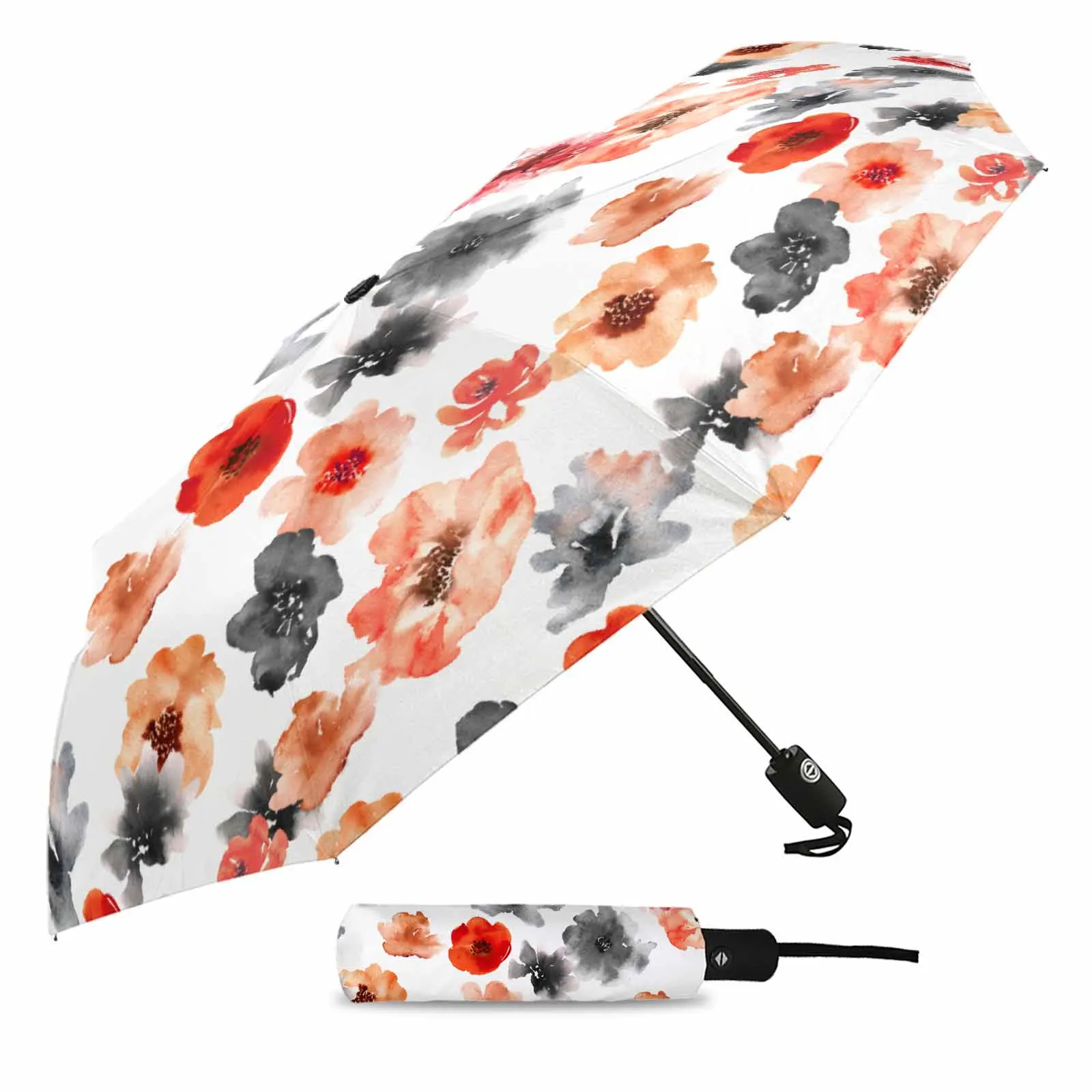 Watercolor Hand-Painted Flowers Red Black Automatic Umbrella for Rain Foldable Parasol Umbrella Eight strand Outdoor Umbrellas