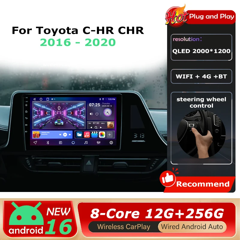 

Android 16, автомобильный радиоприемник, мультимедийный плеер для Toyota C-HR CHR 2016-2020, беспроводной Carplay, стерео голосовой BT, инструменты для GPS-навигации