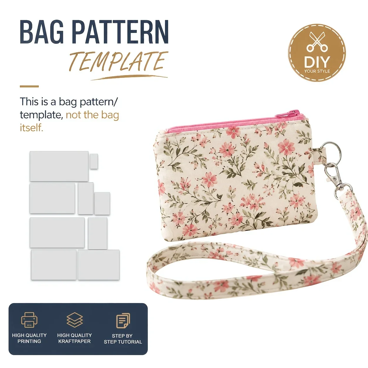 Wristlet Zipper Pouch Bag Sewing Patterns, Sewing Patterns for Beginner, Easy Sewing Project, Includes HD Color Step-by-Step