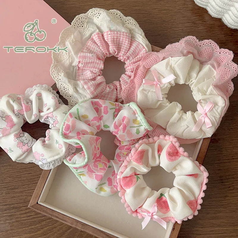 Elegant Print Lace Edge Wide Scrunches For Women Girls Sweet Hair Tie Cute Exquisite Hair Band Fashion Hair Accessories Gifts