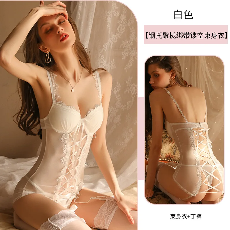 Sexy one-piece bodysuit erotic lingerie uniform temptation open file black silk pajamas