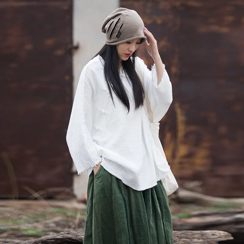 

Double-layer cotton, sand-washed and polished literary and versatile T-shirt, cotton and linen disc-buckled Zen top, fashionable