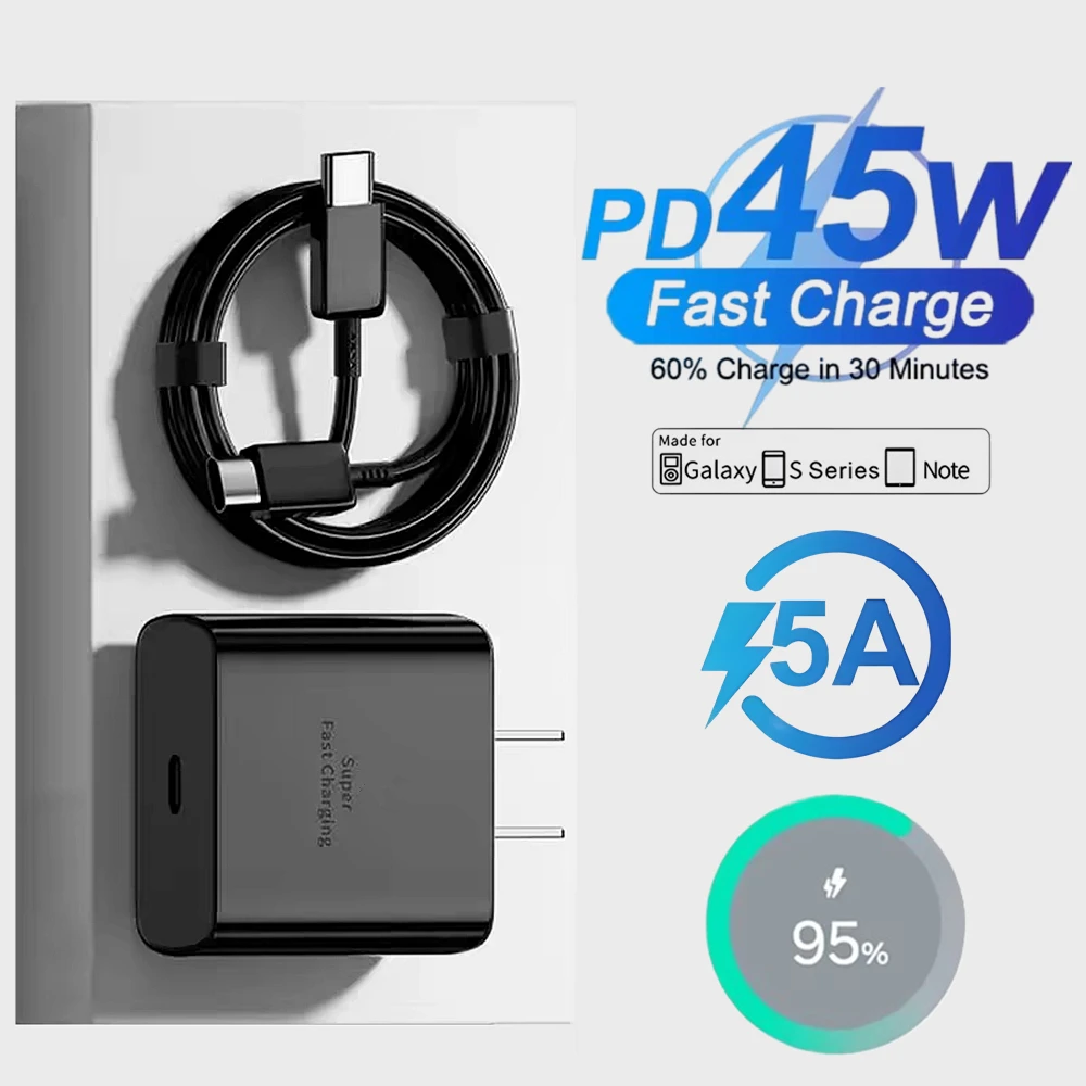 5A 45 واط PD الولايات المتحدة سوبر سريع شاحن USB C كابل لسامسونج S22 S23 FE S24 S25 الترا A25 A34 A53 A54 A73 شحن سريع نوع C كابل