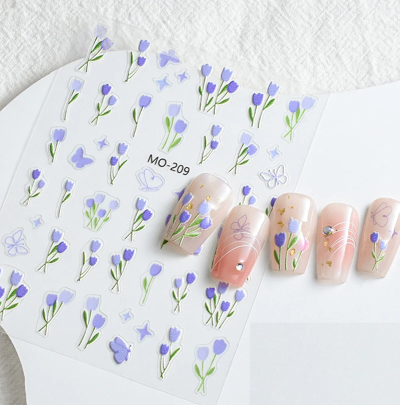 5D Embossed Nail Art Decals White Blue Flowers Leaves Adhesive Sliders Nail Stickers Decorations For Manicures