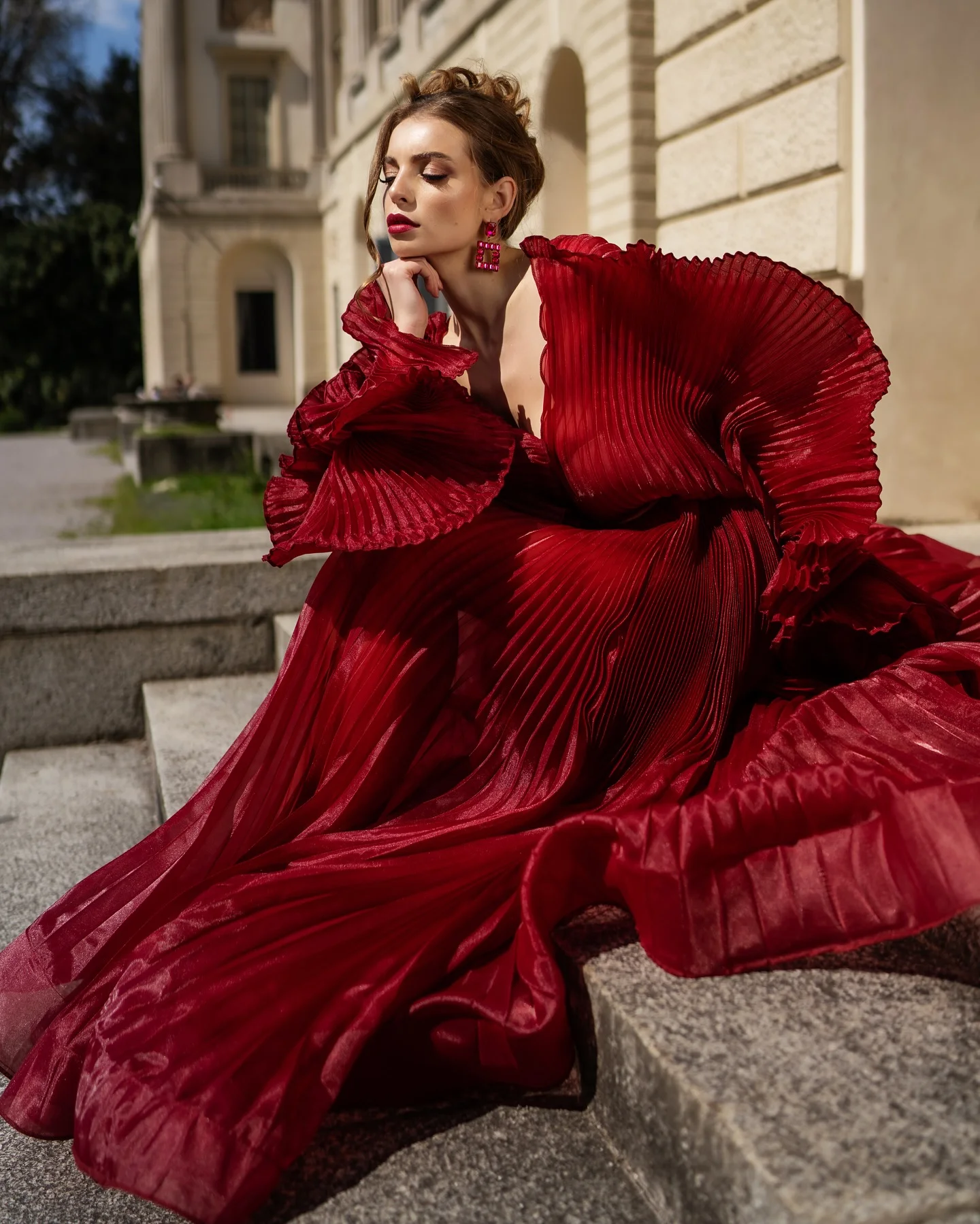 Verbazingwekkende Bordeaux Plooien Avondjurken Hot Koop Geplooide Organza Prom Dress V-hals Bruiloft Fotoshoot Jurk Vrouwen Formele Gowns