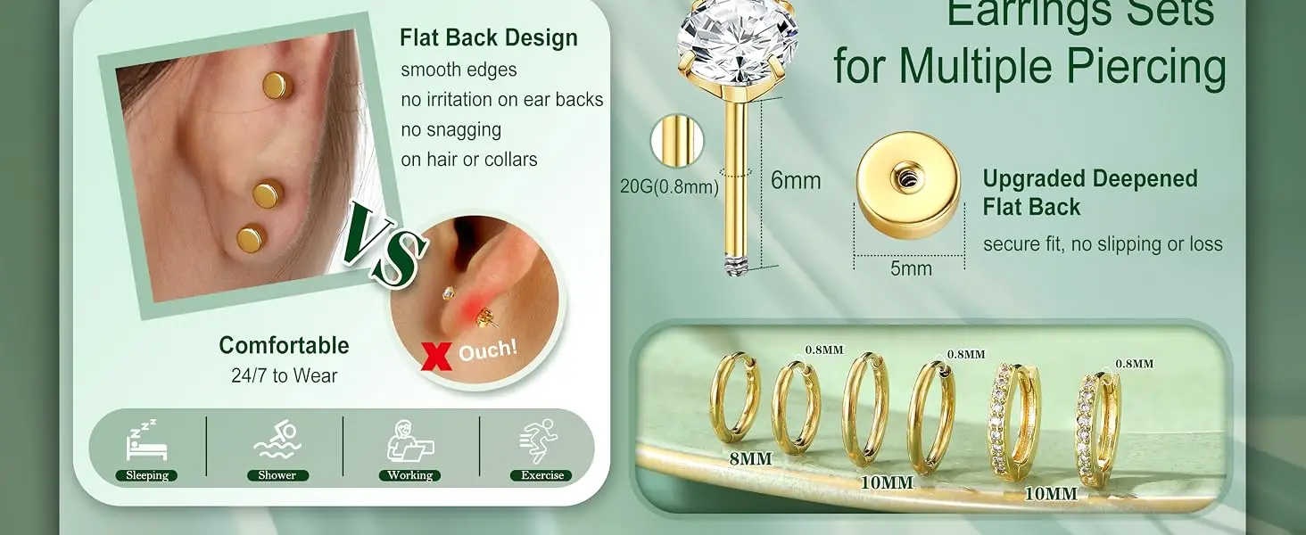 18 Pairs Hypoallergenic Flat Back Earrings Cartilage Earring Stacks 14K Gold Plated Surgical Steel, Dainty Small Hoops Earrings Set for Sensitive Ears Women's Jewelry Gift