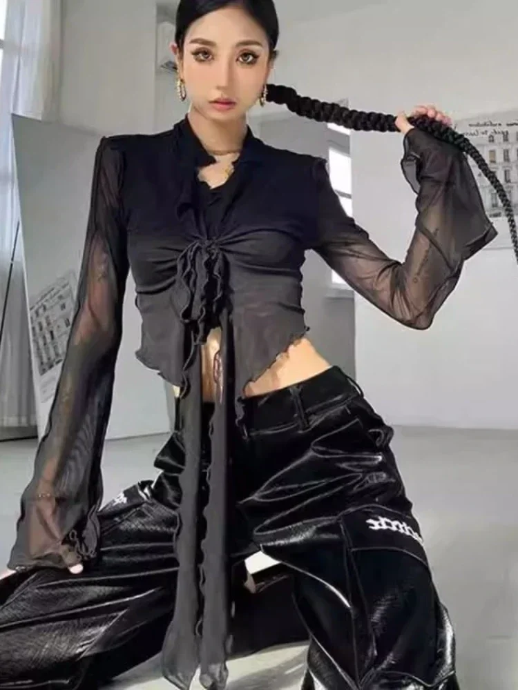 

Y2k Crop Tops Sexy Blouse Women's Clothing Bandage Flare Sleeve Tunic Gauze Shirts Camisas De Mujer Fashion See Through Blouses