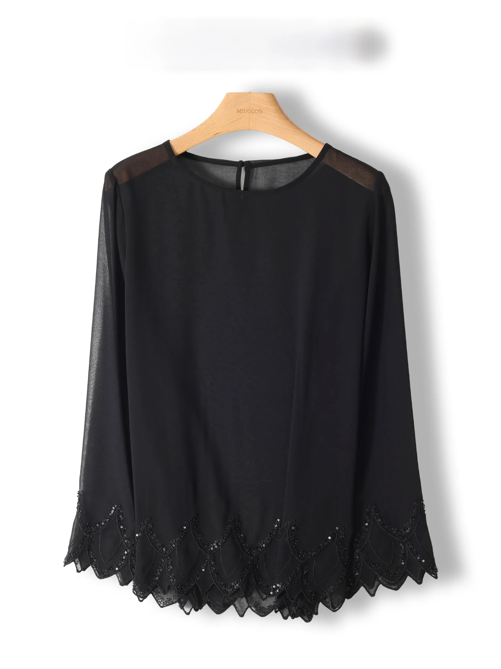 

Elegant round Neck Silk Thin Shirt Sequin Embroidery Lace Hem Blouse Fashionable Chiffon Top Women's Summer Breathable Skin-F...