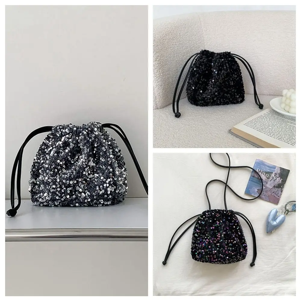 Bolso de hombro con lentejuelas plegables, bolsa de cubo con cordón plateado portátil, bolso de mano pequeño, bolso cruzado de tela para niñas