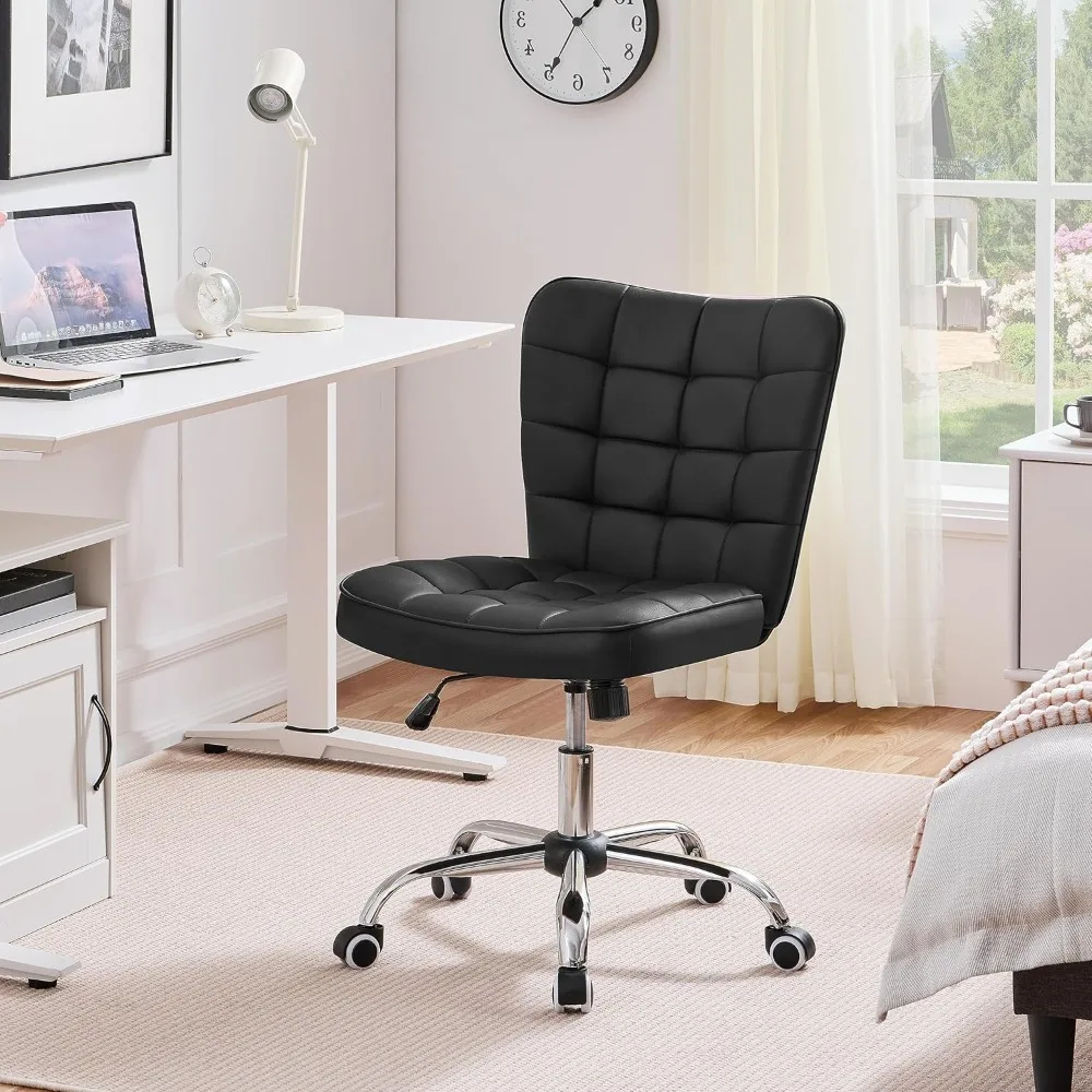 Armless Desk Chair Modern Tufted Office Chair Faux Leather Upholstered Computer Chair with Adjustable Seat Height and Rolling W