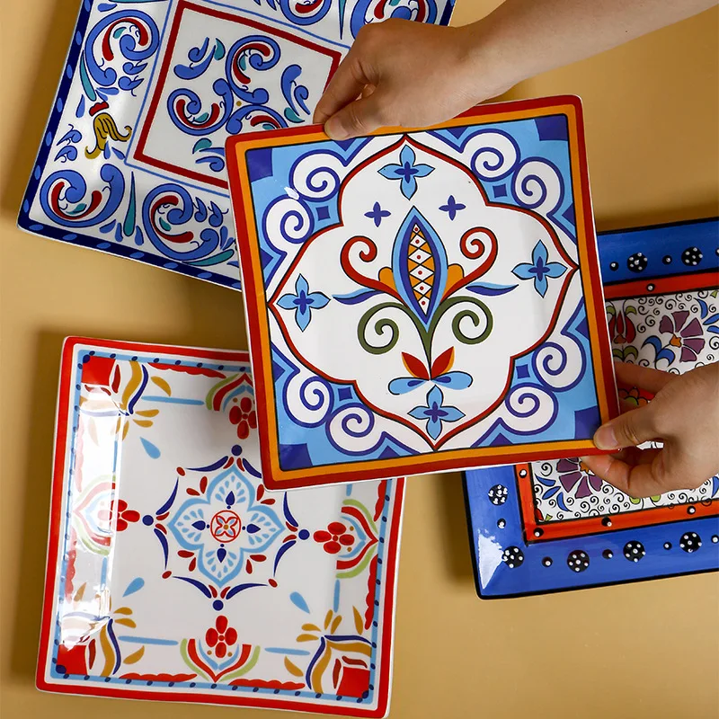 

Bohemian Painted Ceramic Plates Set, Vegetable Dish, Underglaze, Colored Square, Vintage, 8 "Flat Plates Set