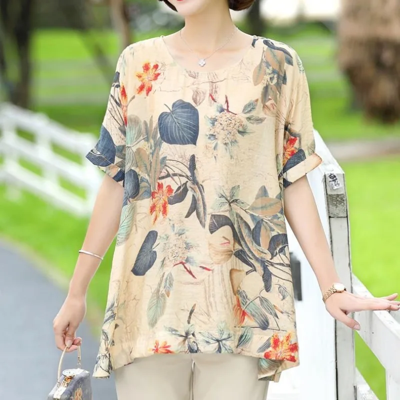 2024 New Minimalist Summer Korean Cotton Linen Half Sleeve Women\'s Crew Neck Printed Fashion Versatile Loose T-shirt Tops