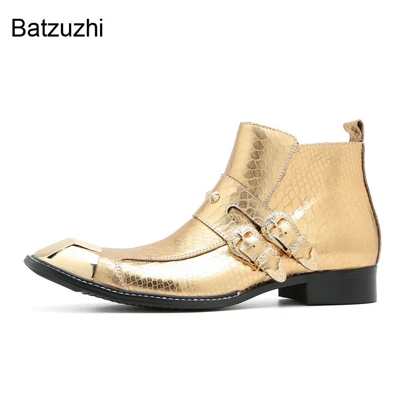 Batzuzhi Italienische Art Herrenstiefel Schuhe Metallkappe Gelbe Echtleder Stiefeletten Männer Reißverschlussschnallen Rock Party Stiefel für Männer!