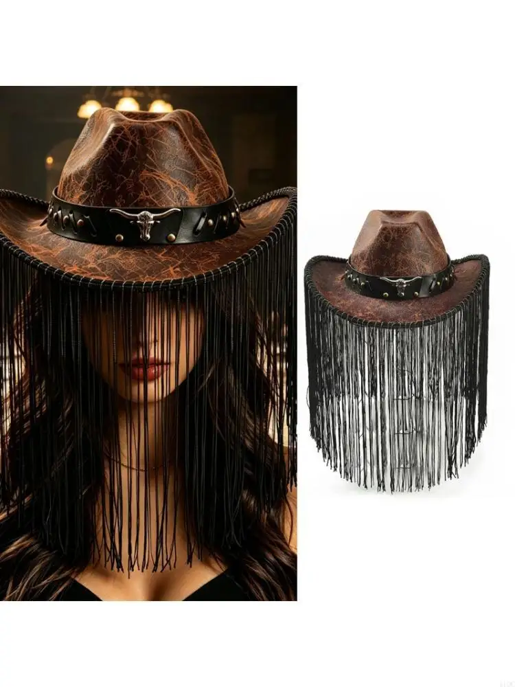 Western Cowboy Hats With Flowing Fringe Durable Fabric Cosplay Photo Props 
