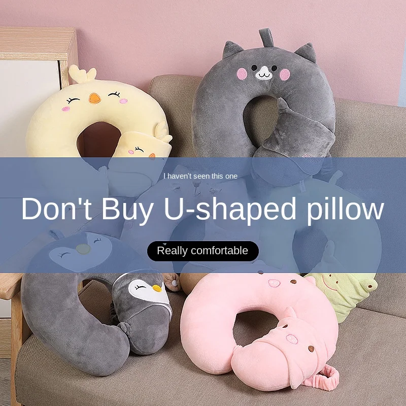 Travel Pillow with Eye Mask Cartoon Animal U-shaped Pillow Eye Mask Neck Pillow Travel Set PP Cotton Support Travel Accessories