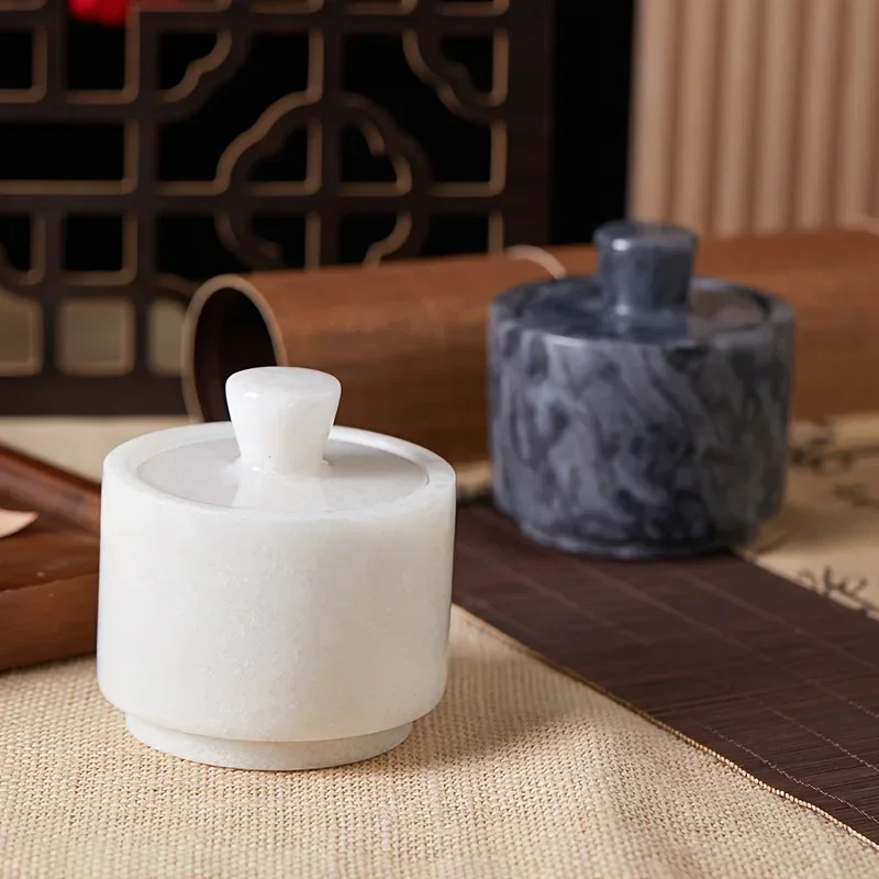 Cross Border Natural Marble Salt Spice Jar Round with Lid Kitchen Seasoning Container for Cumin Pepper