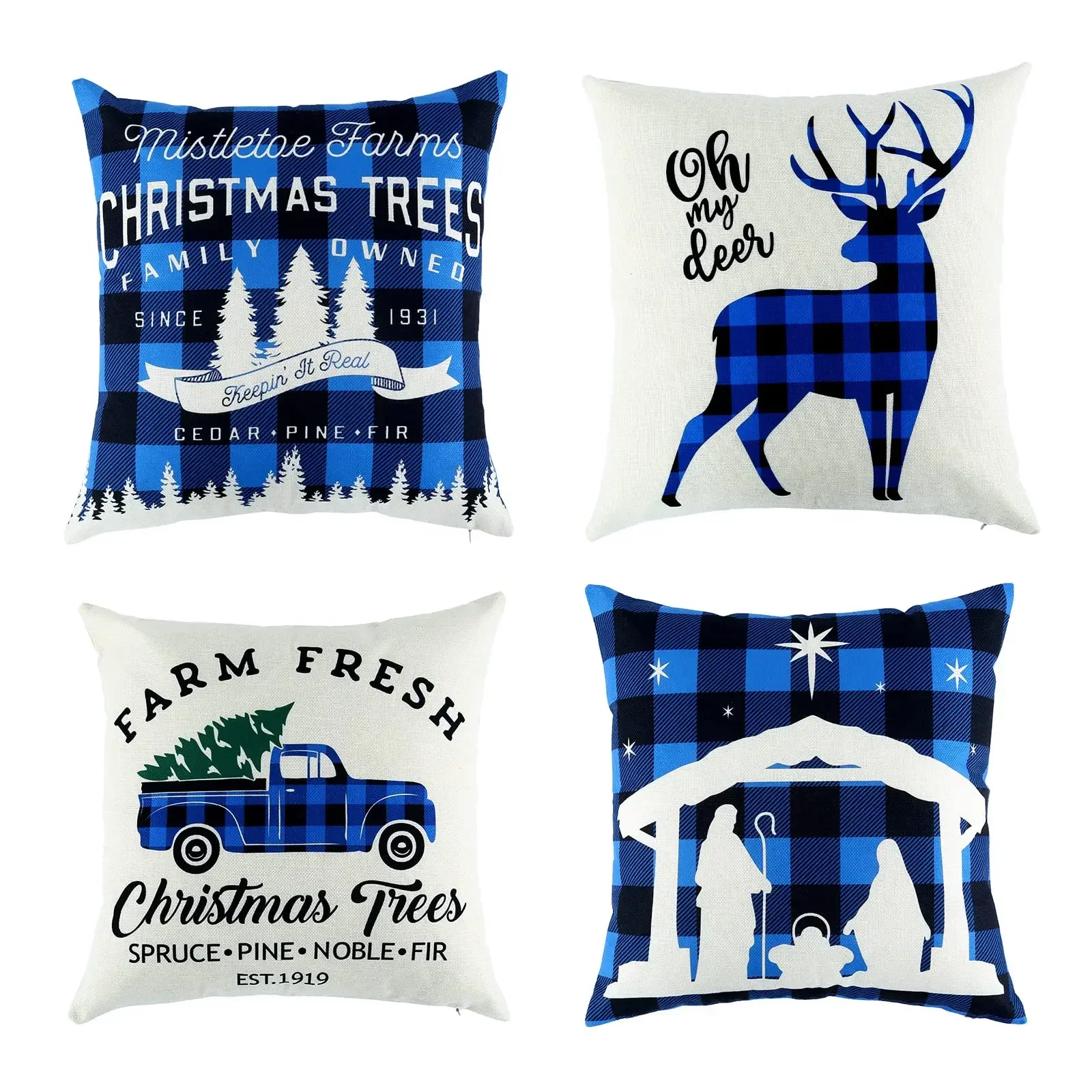 Christmas decoration blue and black plaid linen pillowcase sofa cushion cover home decoration can be customized for you 40x40