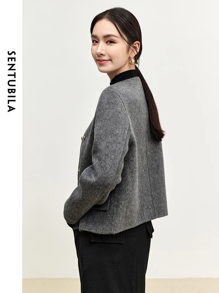 SENTUBILA Women Solid Short Woolen Coat 2025 Elegant Crew Neck Straight Short Jackets Office Lady Winter Coat Female W44O56641
