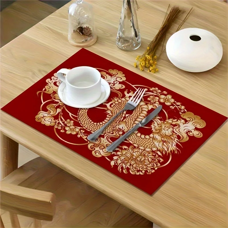 1pc Square Placemats, Chinese Style Red Simple And Elegant Light Luxury Table Pads, Golden Dragon Pattern Table Decoration Mat