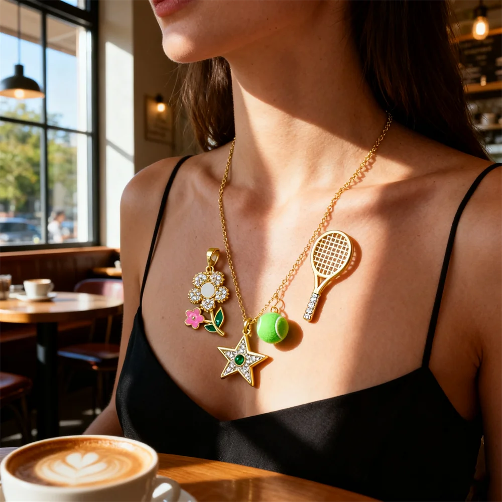 

2 Pcs Pendant for DIY Necklace Making Copper Plated Micro Set Zircon Enamel Flower Horse Star Ball Racket Jewelry Accessories