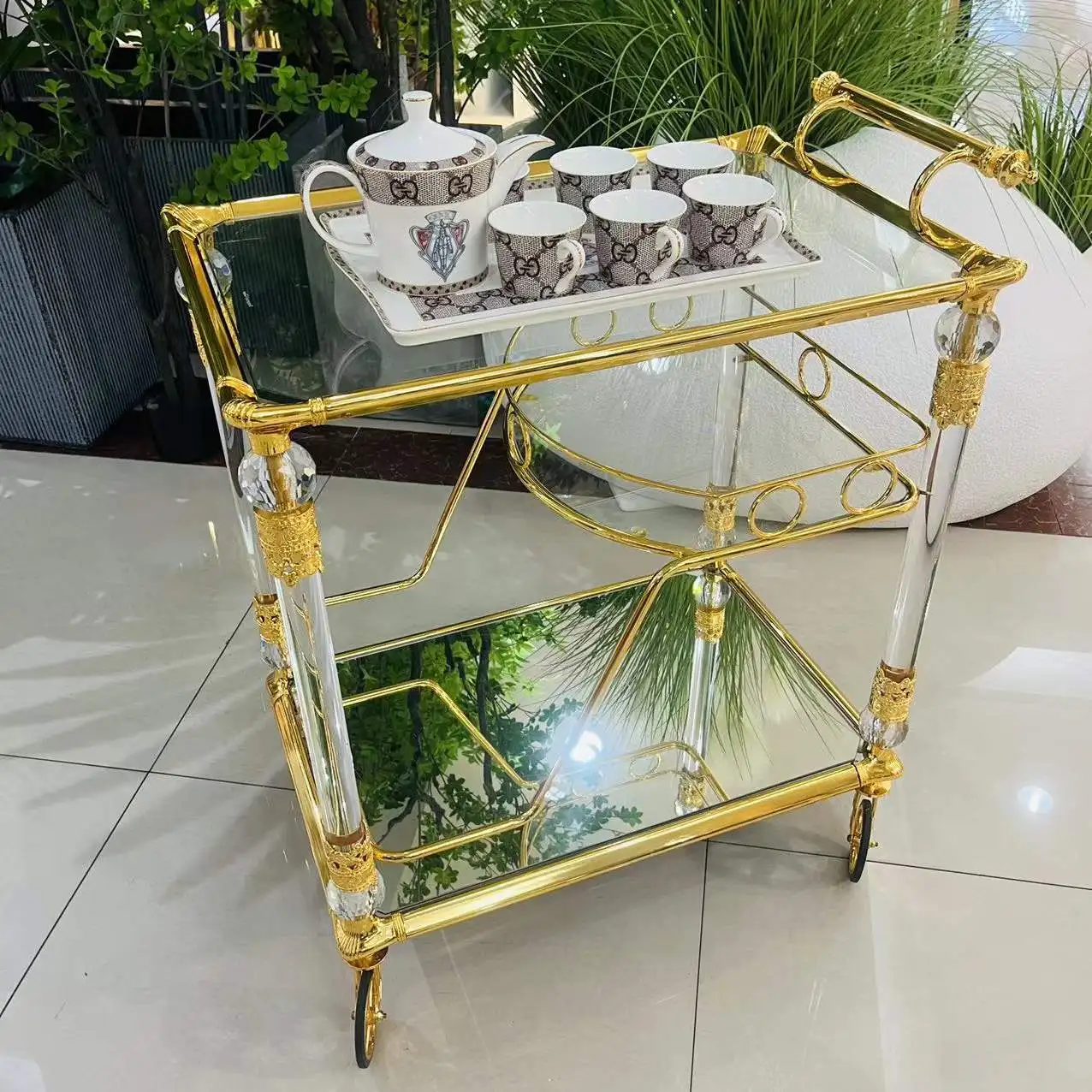 European Hotel Kitchen Cart Golden Bronze Birthday Wedding Trolley