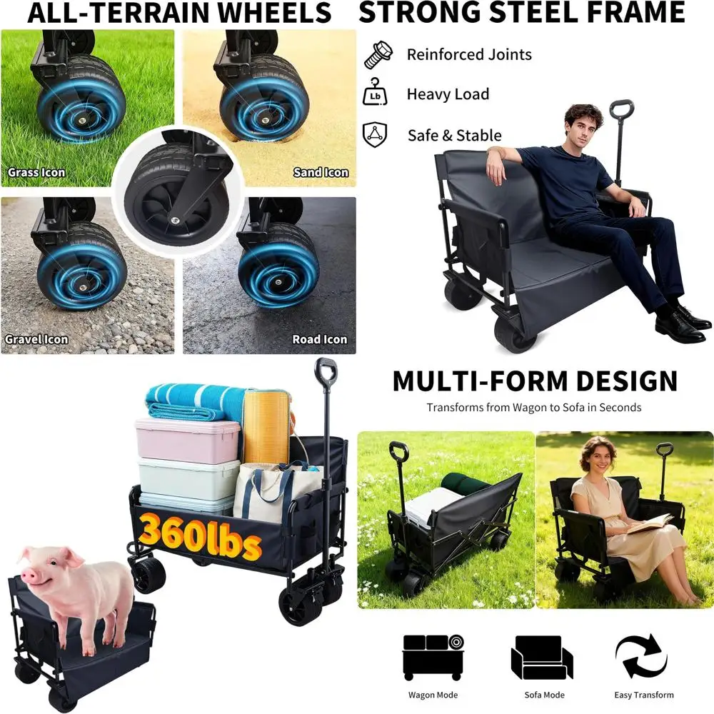 Folding Utility Wagon with 300L Capacity, 330LBS Load Bearing, Adjustable Handle for Outdoor Activities, Beach, Camping, and Sho