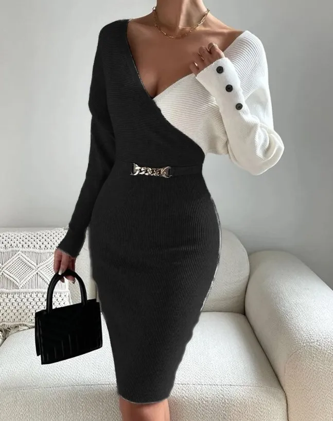  Autumn and Winter New Women's Fashion Temperament Casual Elegant V-neck Splice Fashion Slim Fit Sexy Wrapped Hip Knit Dress