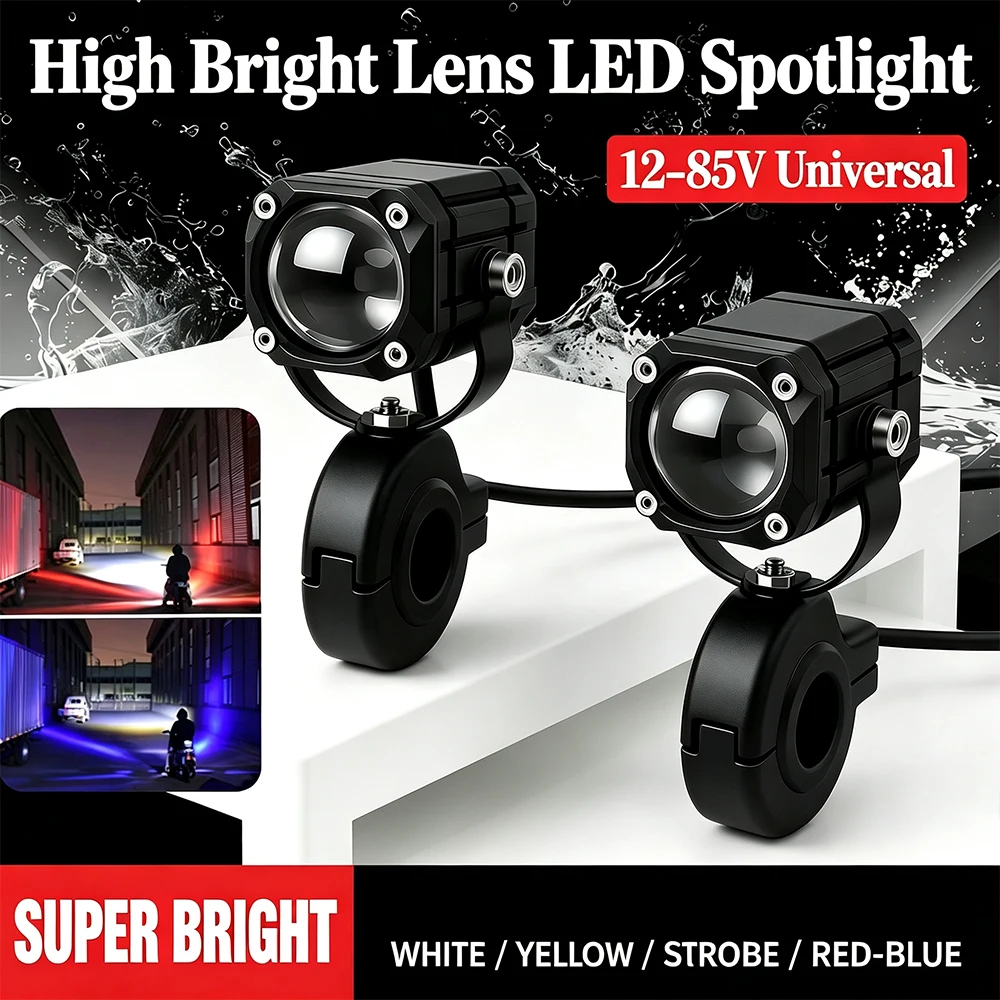 Motorcycle LED Projector Lens Auxiliary Light 12‑80V Universal Moto Fog Lamp Hi‑Lo Beam  Warning Spotlight For Scooter E‑Bike