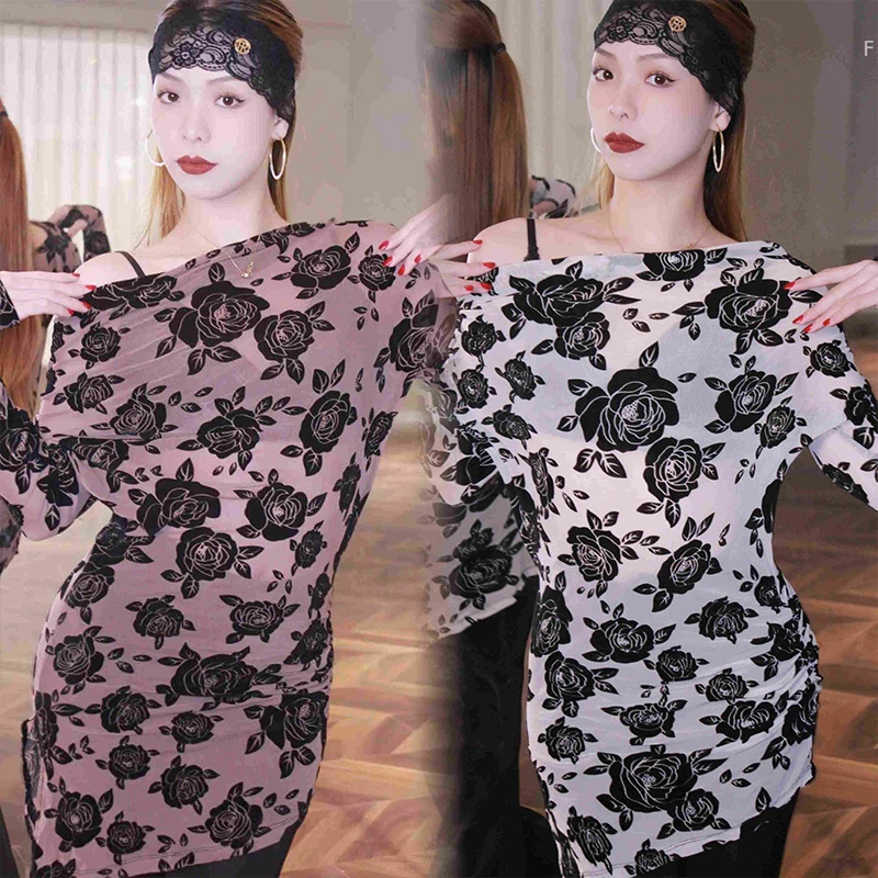 

New Latin Dance Dress Adult Long Sleeves Mesh Shirt Sloping Women Shoulder Training Tops Rumba Salsa Line Dance Costume VBH1360