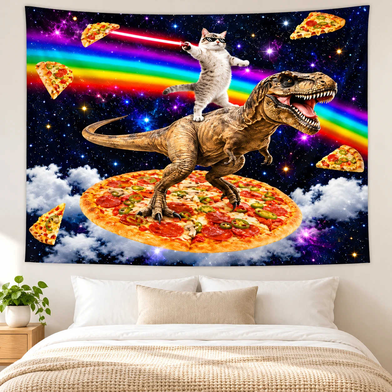 Fantasy Parody Cartoon Tapestry, T-Rex, Pizza, Rainbow, Laser Cat, Wall Hanging Decor for Game Room and Living Room