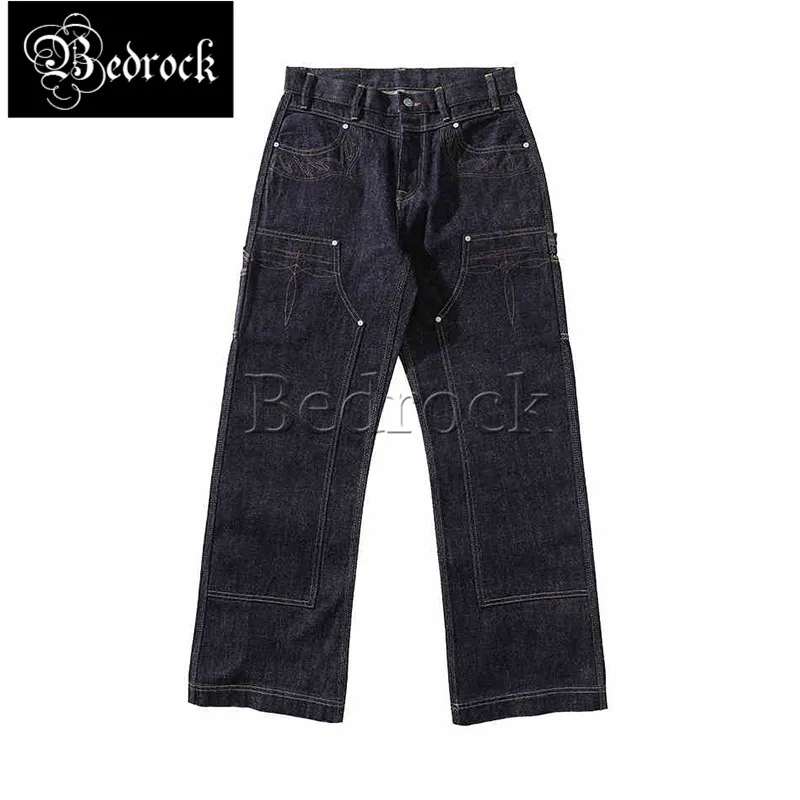 MBBCAR Heavy 16.5oz Selvedge Denim Jeans For Men Washed High Waist Wide Leg Overalls Washed Indigo Double Knee Lumberjack Jeans